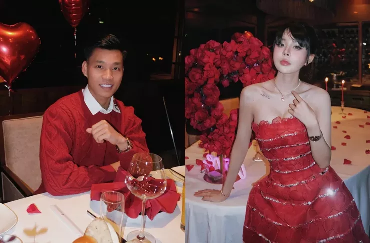 Sự kết hợp giữa đầm đính nơ và sơ mi tạo nên diện mạo hài hòa cho cặp đôi.