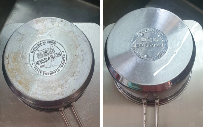 Quánh inox trước và sau khi vệ sinh bằng bột đá và nước cốt chanh. Ảnh: An Thùy